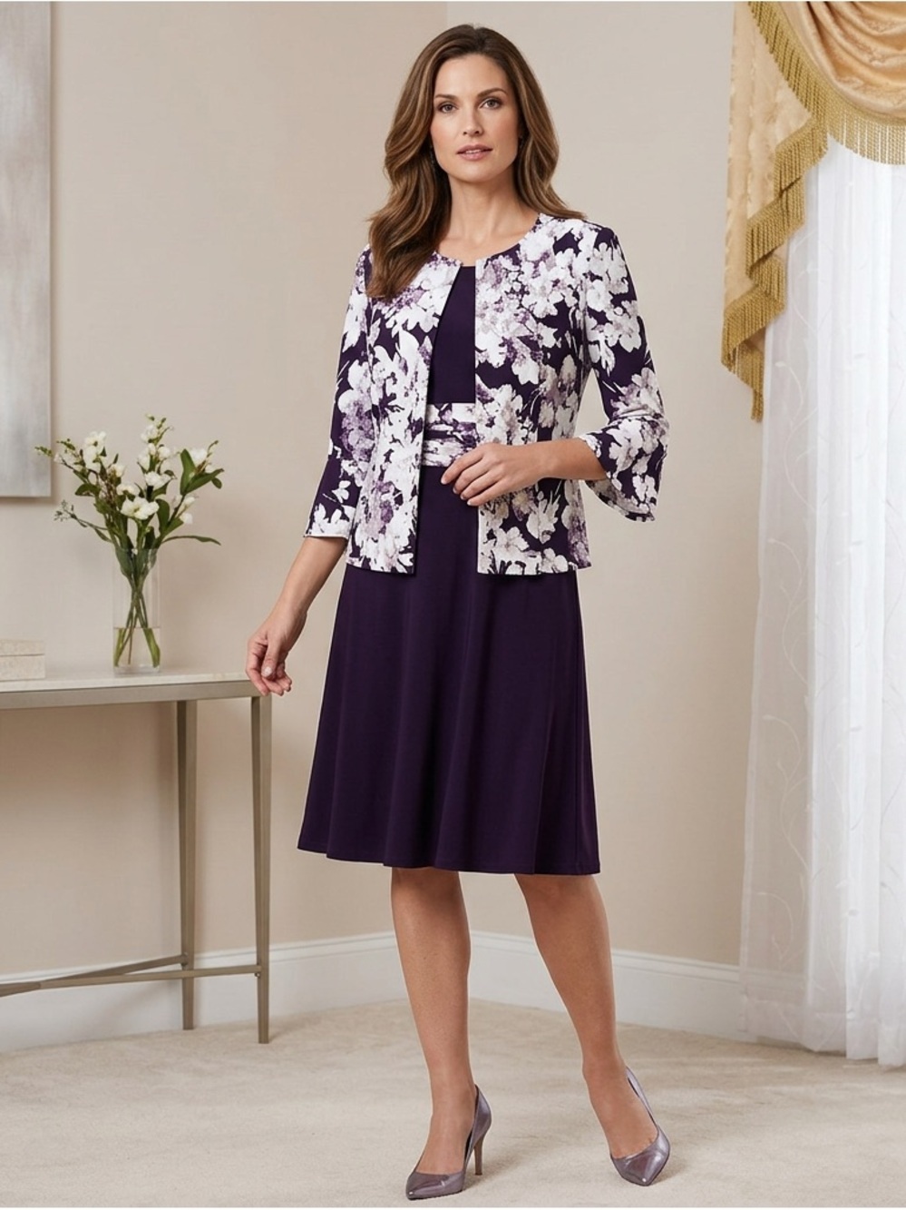 Jessica Howard Purple Dress with Matching Floral Jacket Sz 10P Fit and Flair.